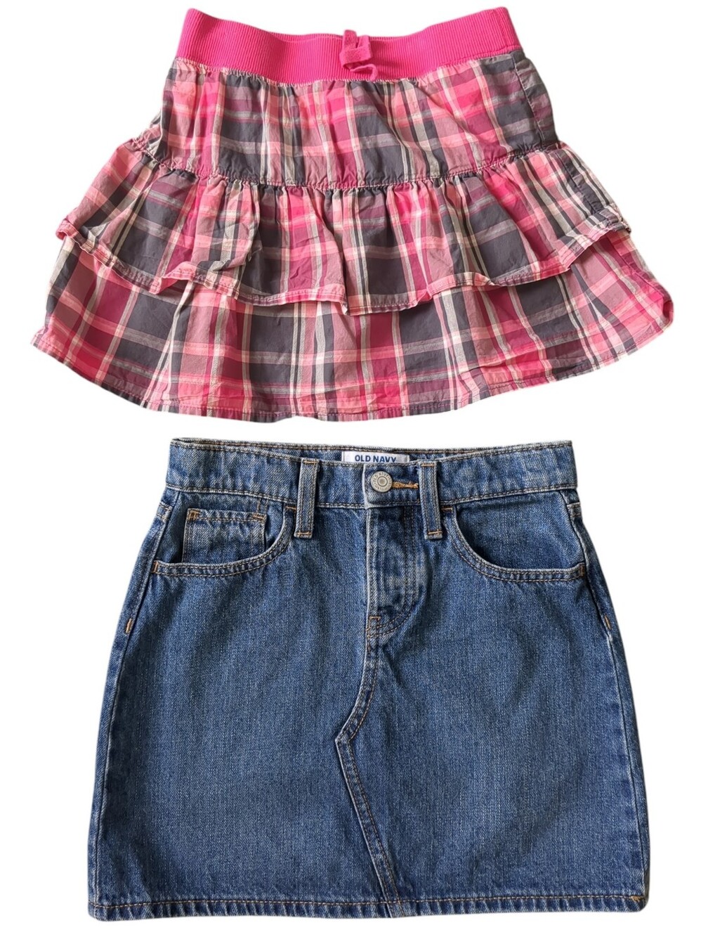 Set Of Girls Plaid Tiered Skort & Denim Skirt (Size 8)